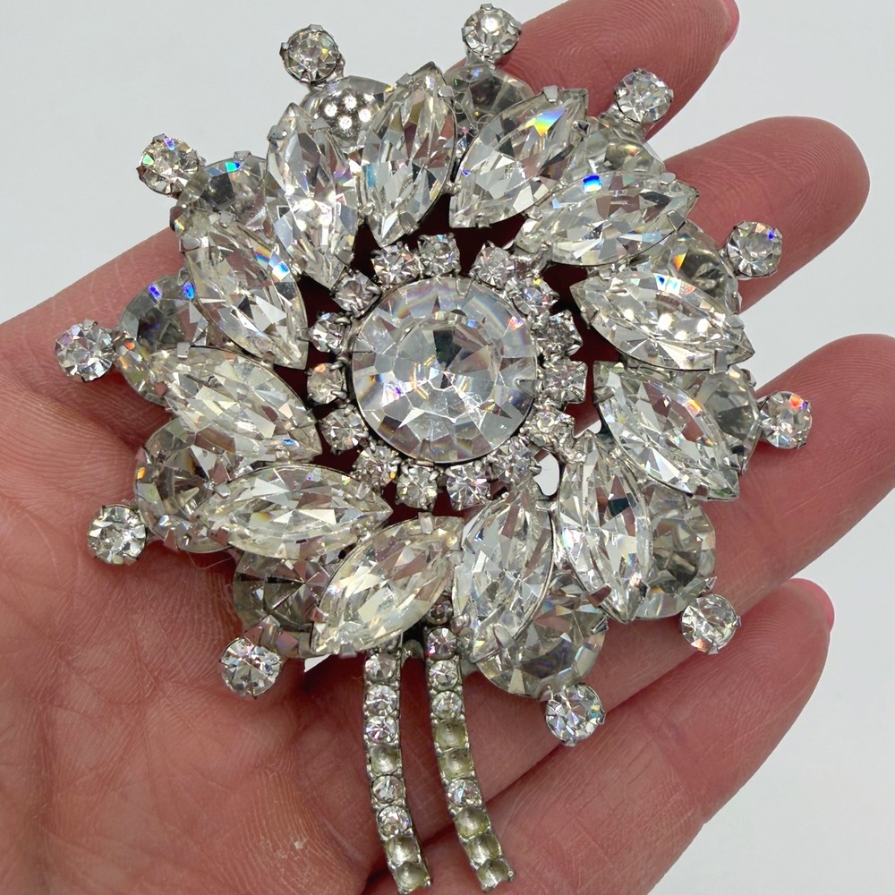 Vintage Clear Rhinestone Brooch Silver Tone Mid Century Statement Floral Spray